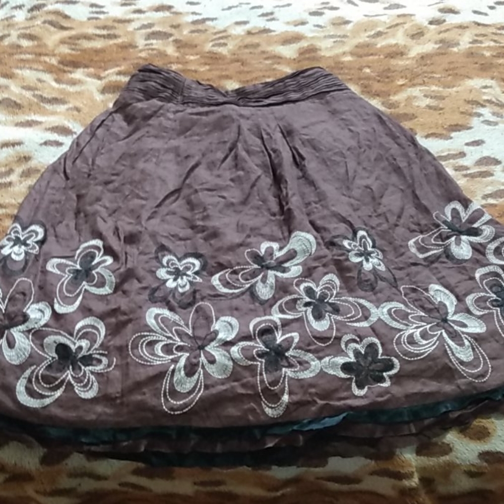 Brown Floral Trim A-Line Skirt